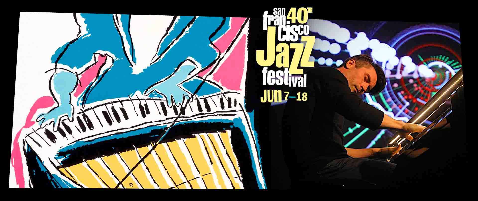 A photo of Dan Tepfer with the 40th San Francisco Jazz Festival logo