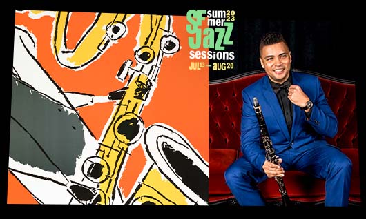 Felix Peikli in a blue suit, seated on a red couch with a clarinet, with the 2023 Summer Sessions artwork 