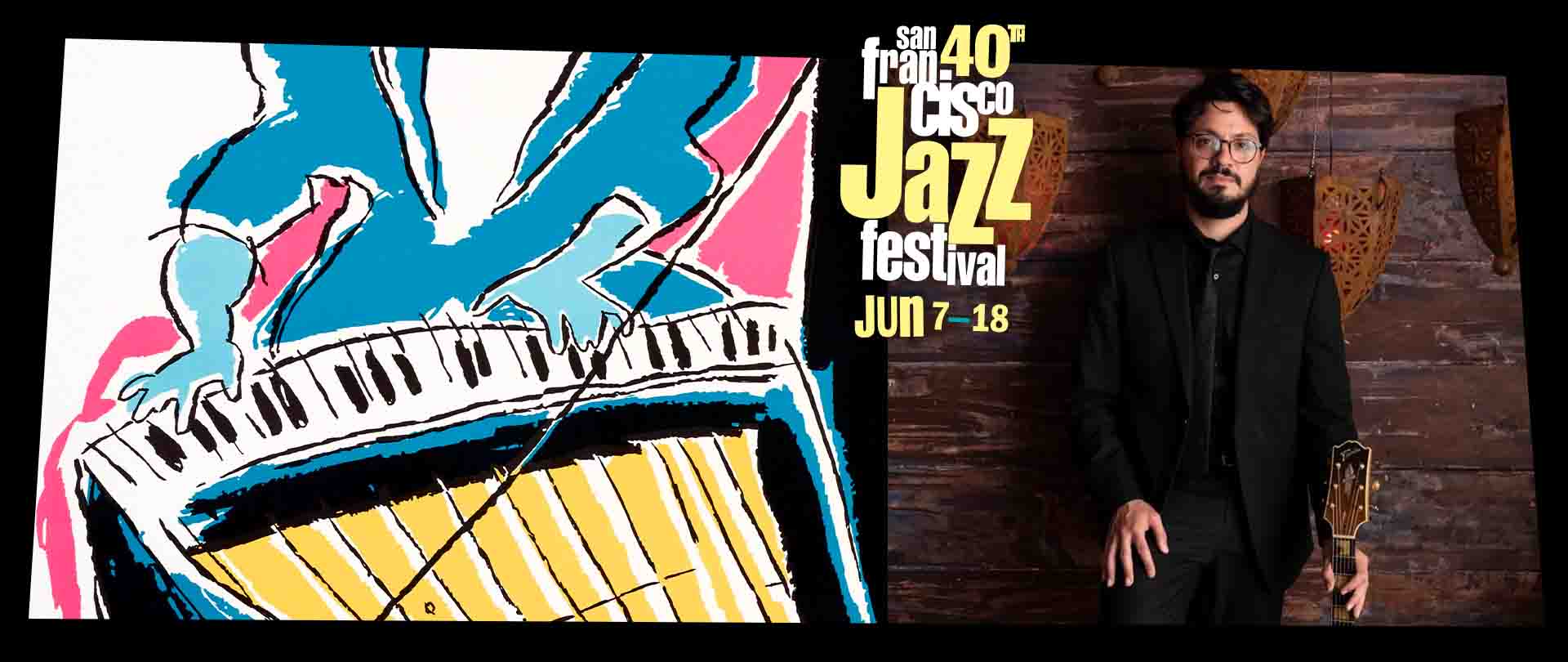 A photo of Pasquale Grasso with the 40th San Francisco Jazz Festival artwork