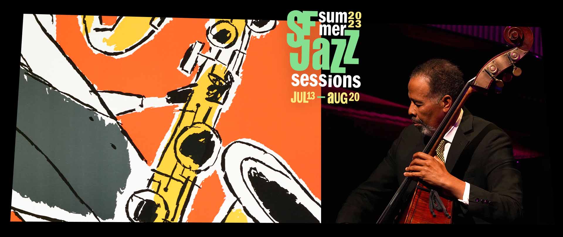 Stanley Clarke performing on stage at SFJAZZ, with the 2023 Summer Sessions artwork