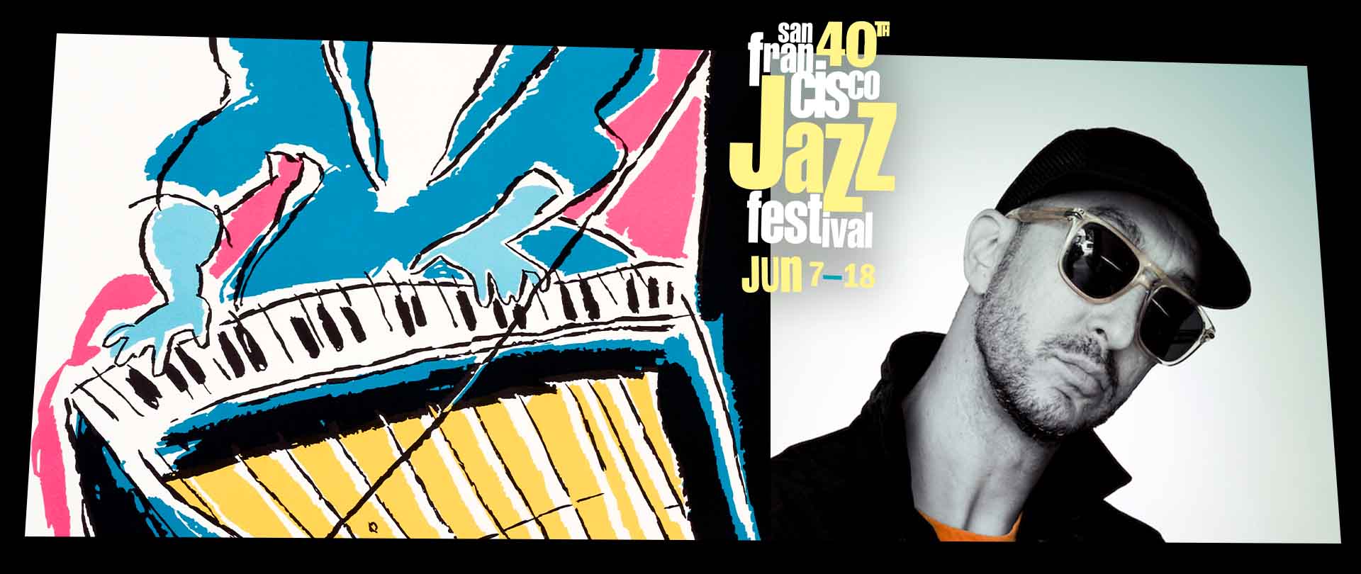 Solo photo of Steve Lehman with the 40th San Francisco Jazz Festival artwork