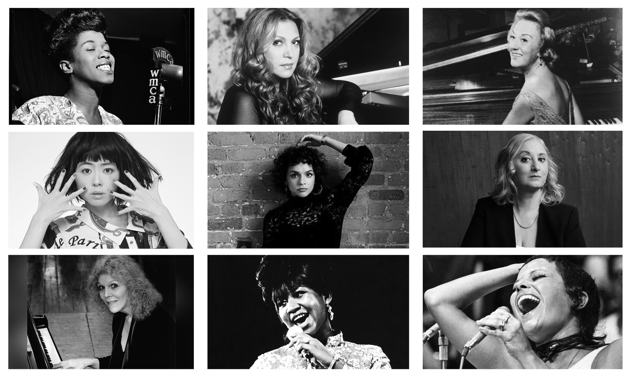 A montage of some of the artists discussed and celebrated during our Discover Jazz series, including Aretha Franklin, Norah Jones, & Renee Rosnes 