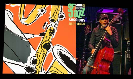 Stanley Clarke performing on stage at SFJAZZ, with the 2023 Summer Sessions artwork