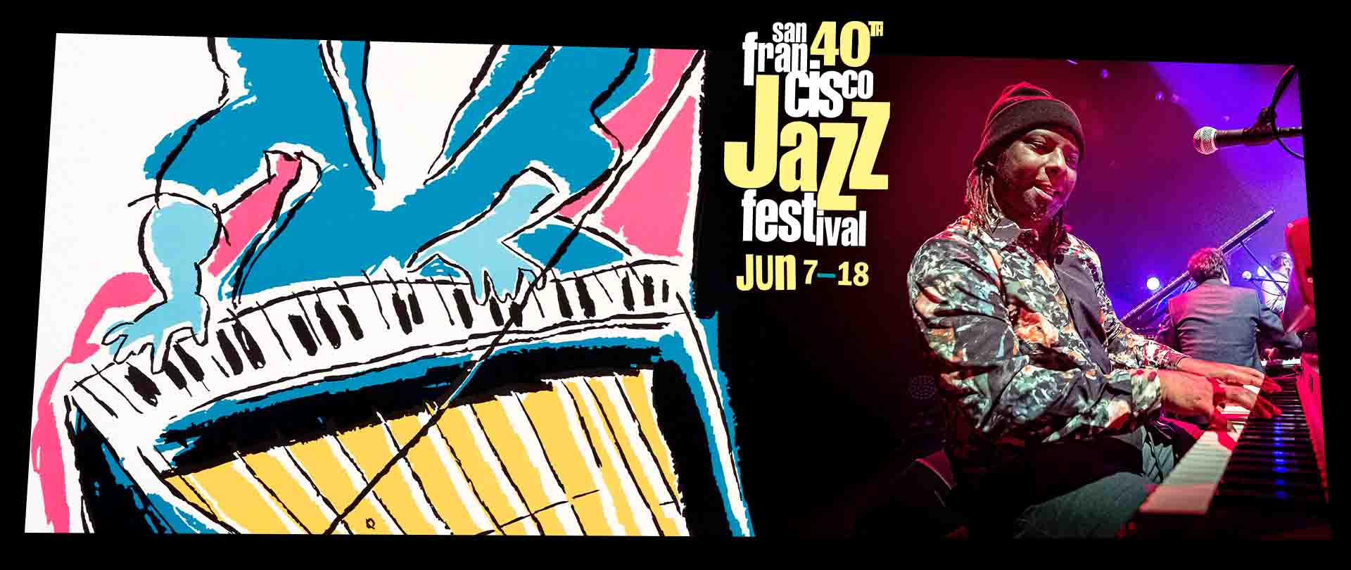Rolando Luna at the keyboard with the 40th Annual San Francisco Jazz Festival artwork
