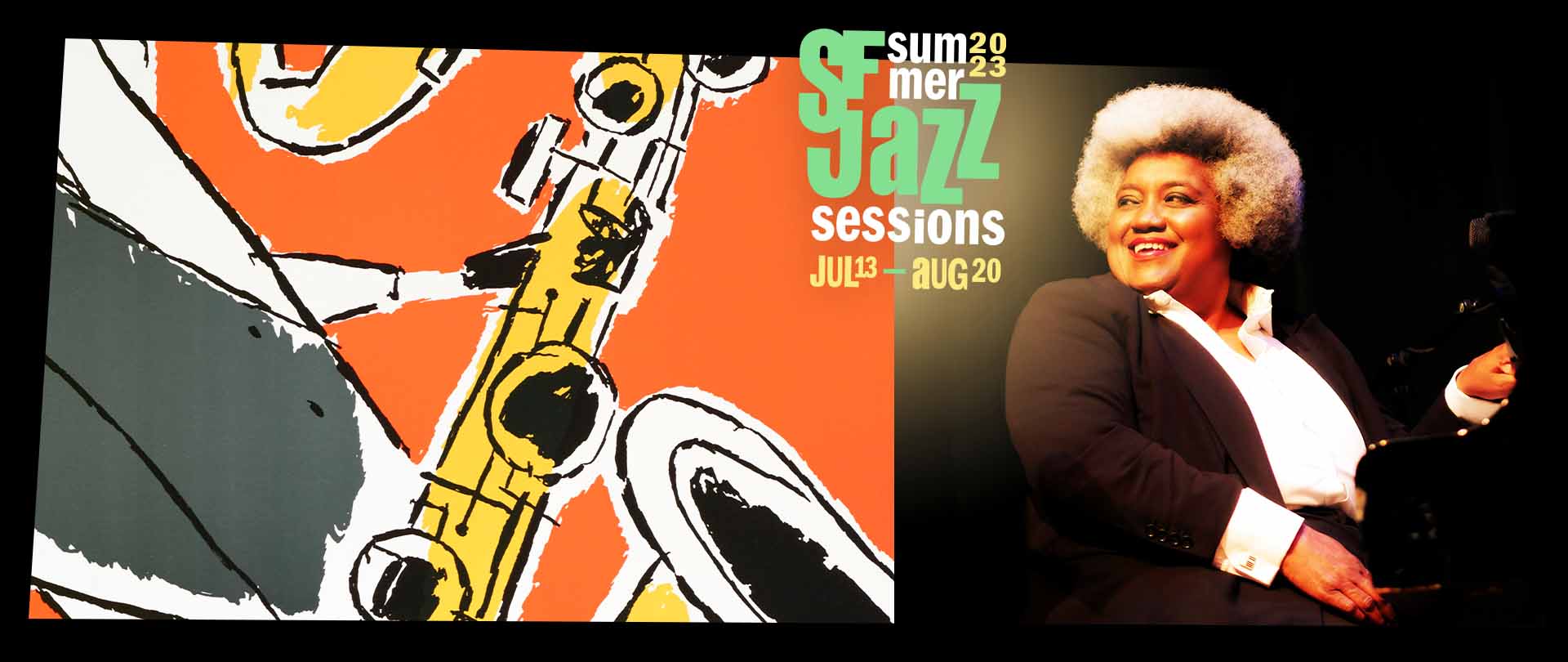A composite of Tammy L. Hall at the piano and the 2023 Summer Sessions artwork