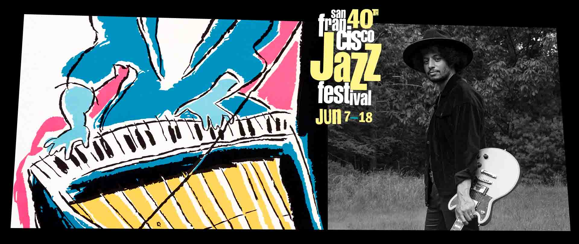 Jose James in nature, with a guitar, along with the 40th San Francisco Jazz Festival artwork