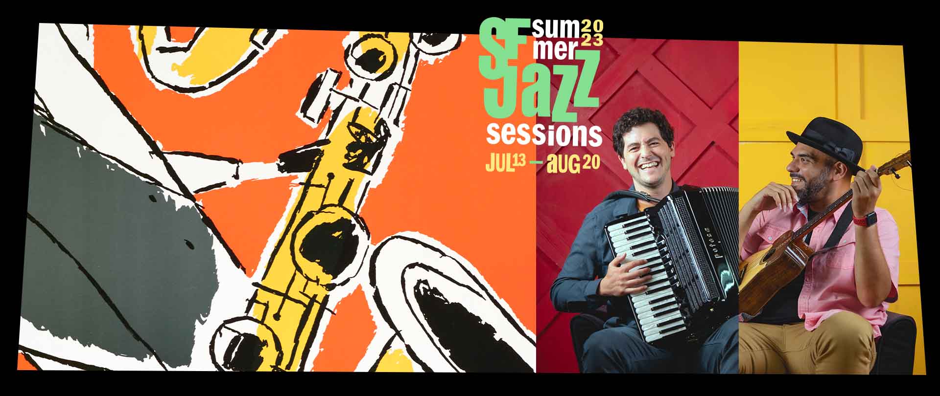 A composite image of Sam Reider & Jorge Glem with the 2023 Summer Sessions artwork