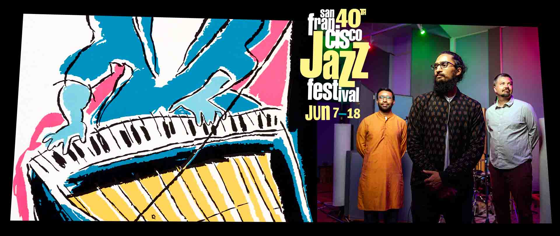 Group photo of the Alaya Project with the 40th San Francisco Jazz Festival artwork